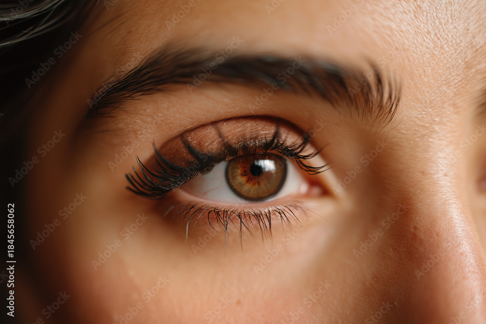 Fototapeta premium An intriguing close-up of a woman's eye reveals rich colors and intricate details, reflecting the surrounding world and evoking a sense of curiosity about personal perception.