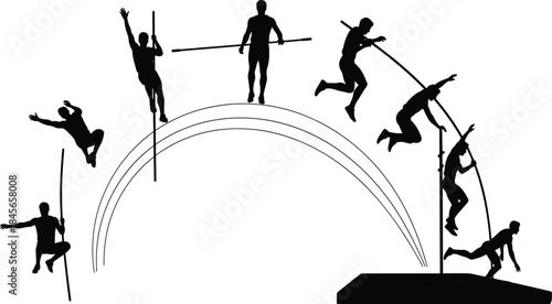 Black Silhouette Vector Set of Pole Vault Athletes in Different Phases of Jumping, Illustrating High Jump, Athletics, Olympic Sports, and Track and Field Competition Concepts.