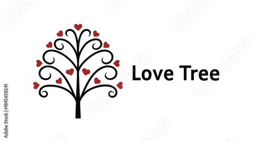 A whimsical black tree with red hearts on branches, love tree symbol