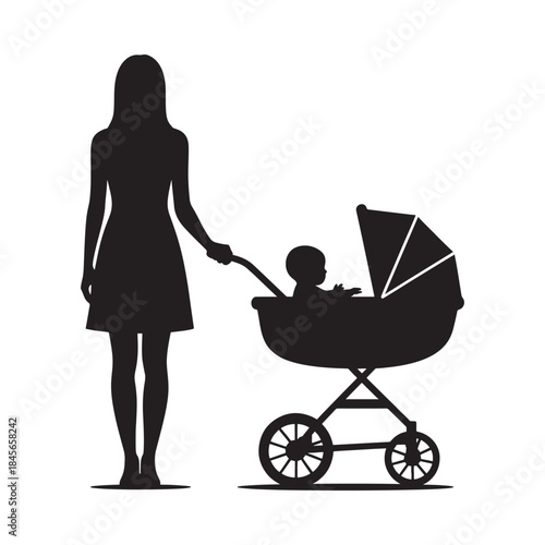 Silhouette of a mother pushing a baby stroller a simple family outline