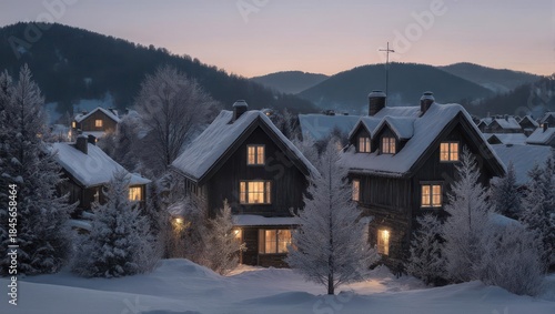 Wallpaper Mural Winter Village at Dusk - Snow-Covered Homes and Distant Mountain Cross. Torontodigital.ca
