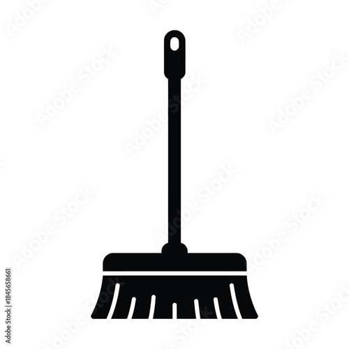 Black silhouette of a broom with a hanging hole on a white background cleaning sweeping