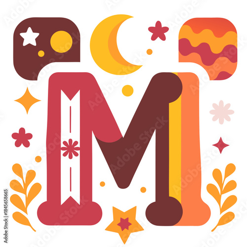 M with moon and stars.