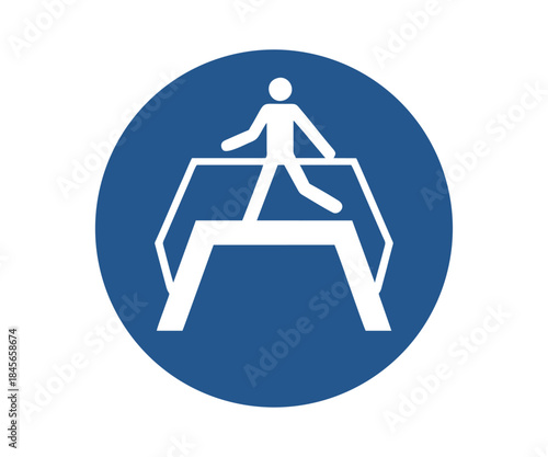 ISO 7010 M023 Use footbridge safety symbol. Mandatory action icon pedestrian bridge. Compliance symbol elevated walkway. Safety pictogram pedestrian overpass vector design and illustration.