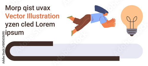 Innovation, creativity, knowledge sharing, education, idea generation, goal achievement. Person jumping toward a glowing light bulb with a curved text box below. Innovation and creativity concept
