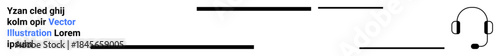 Communication, customer service, audio support, help desk, business connections, corporate interaction. Headset icon with text and horizontal lines. Customer service and communication