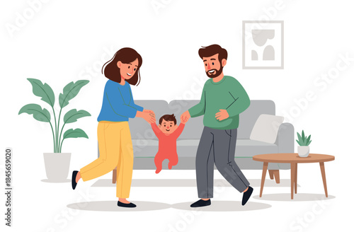 Happy caucasian family playing with child in living room