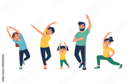 Diverse family exercising together: caucasian adults and children enjoying fitness activity