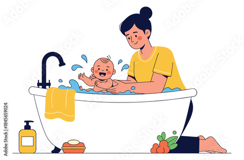 Asian female adult bathing happy baby in tub with soap and towel