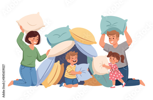 Caucasian family pillow fight fun with smiling children and parents building fort