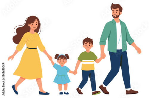 Cartoon family walking: mother, father, son, and daughter holding hands