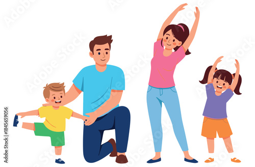Family exercise: caucasian parents and children enjoying fun workout together