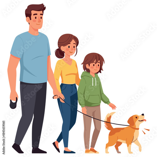 Young caucasian family walking dog: male, female, child enjoy outdoor stroll
