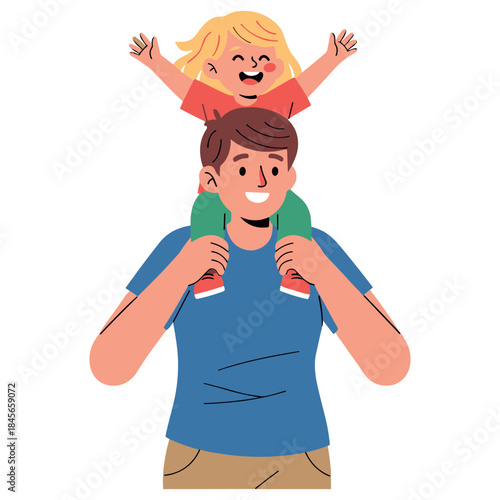 Happy caucasian male child on adult male's shoulders celebrating joy