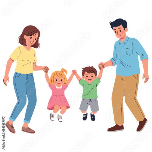 Happy family: caucasian adults with children playing together