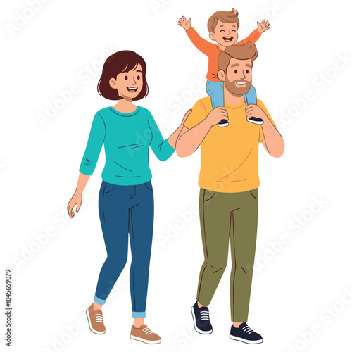 Happy caucasian family walk with child on shoulders