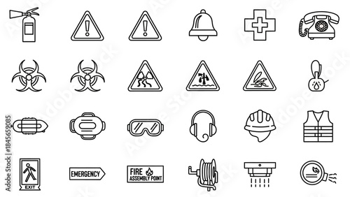 Collection of safety and emergency icons for industrial and public spaces