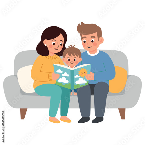 Family reading time with caucasian parents and child on sofa