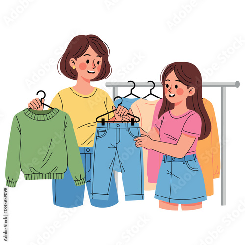 Asian female adults shopping for clothes at store with clothing rack