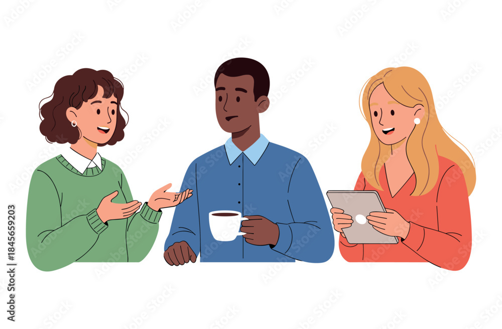 Obraz premium Diverse group of adults engaging in conversation with coffee and tablet