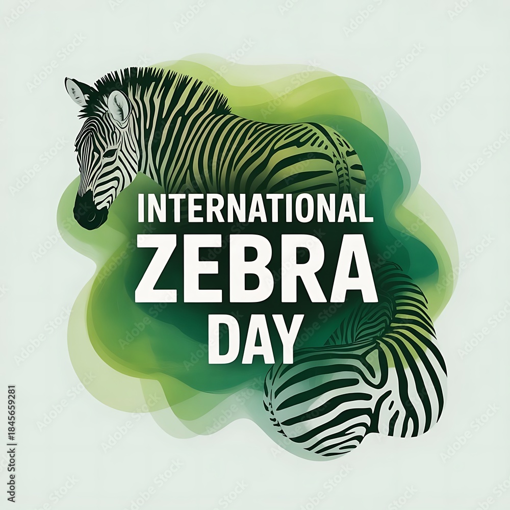 Obraz premium Zebra on green abstract background with International Zebra Day text