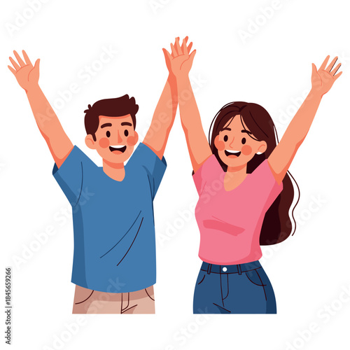 Happy young caucasian male and female celebrating with raised arms