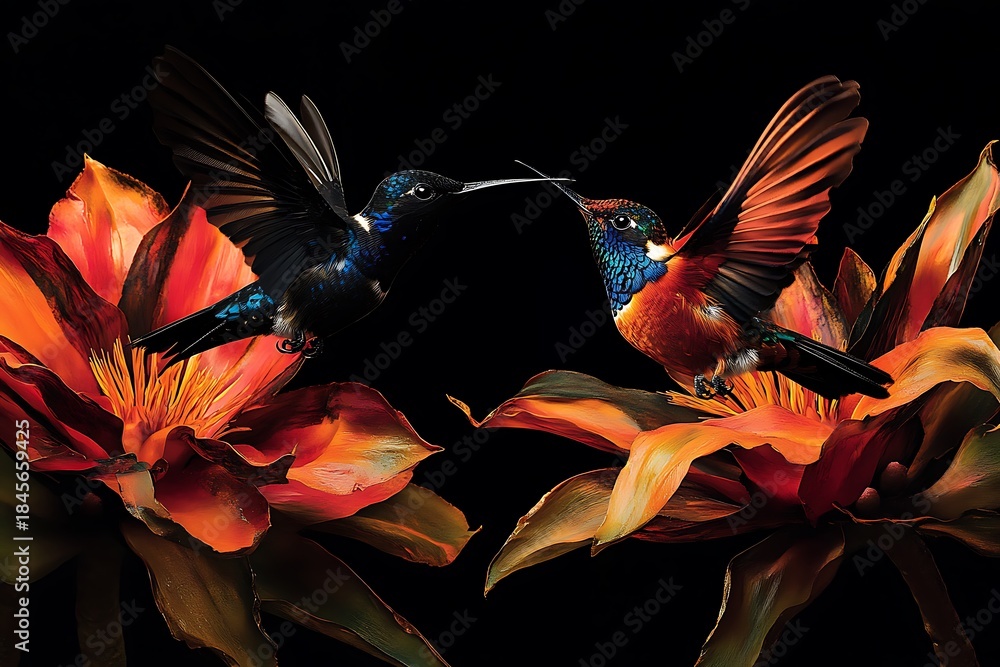 Naklejka premium Two hummingbirds in mid flight feeding near vibrant orange flowers one black with blue accents one multicolored with red and blue