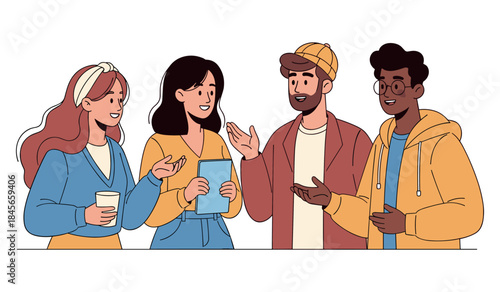 Casual conversation among diverse young adults in colorful attire