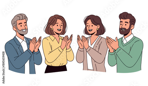 Two caucasian male and two caucasian female adults clapping and smiling