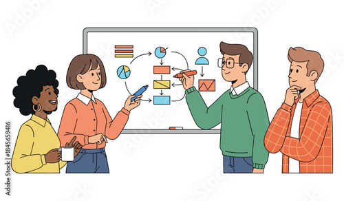 Diverse team collaborating on business strategy with flowchart on whiteboard