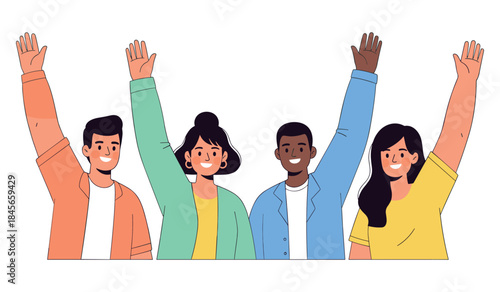 Diverse group of young adults raising hands together