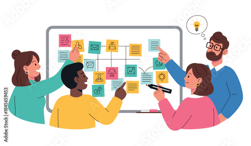 Diverse team collaborating on project planning with brainstorming ideas on whiteboard