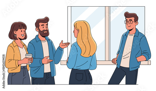 Young adults conversing in casual office setting by the window