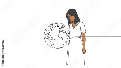 A woman in a white dress holds a globe, contemplating the world with a thoughtful expression.