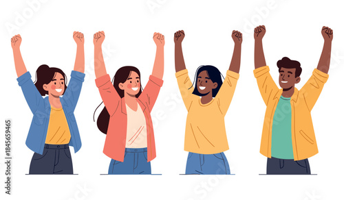 Diverse group celebrating: two caucasian females and two males, asian and african, young adults