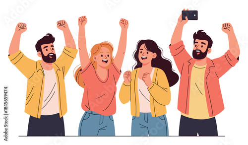 Group of happy young adults celebrating and cheering in excitement
