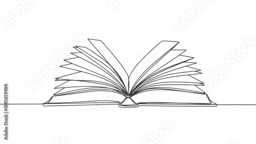 A minimalist line drawing of an open book with many pages fanned out, symbolizing knowledge and learning.