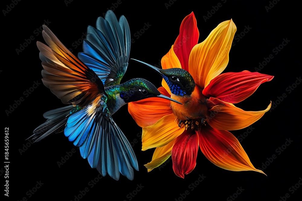 Naklejka premium Two vibrant hummingbirds hovering near a red and yellow flower with wings spread wildlife flight