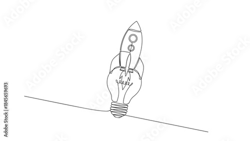 A minimalist line drawing of a rocket ship launching from a light bulb, symbolizing innovation and new ideas.