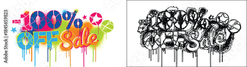Colorful and Black Grunge Graffiti Style '100% OFF Sale' Vector Designs with Drips