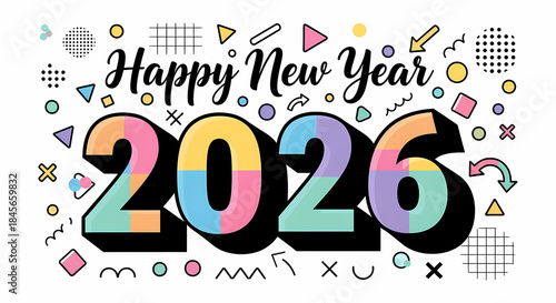 Vibrant Happy New Year 2026 celebration with colorful geometric shapes
