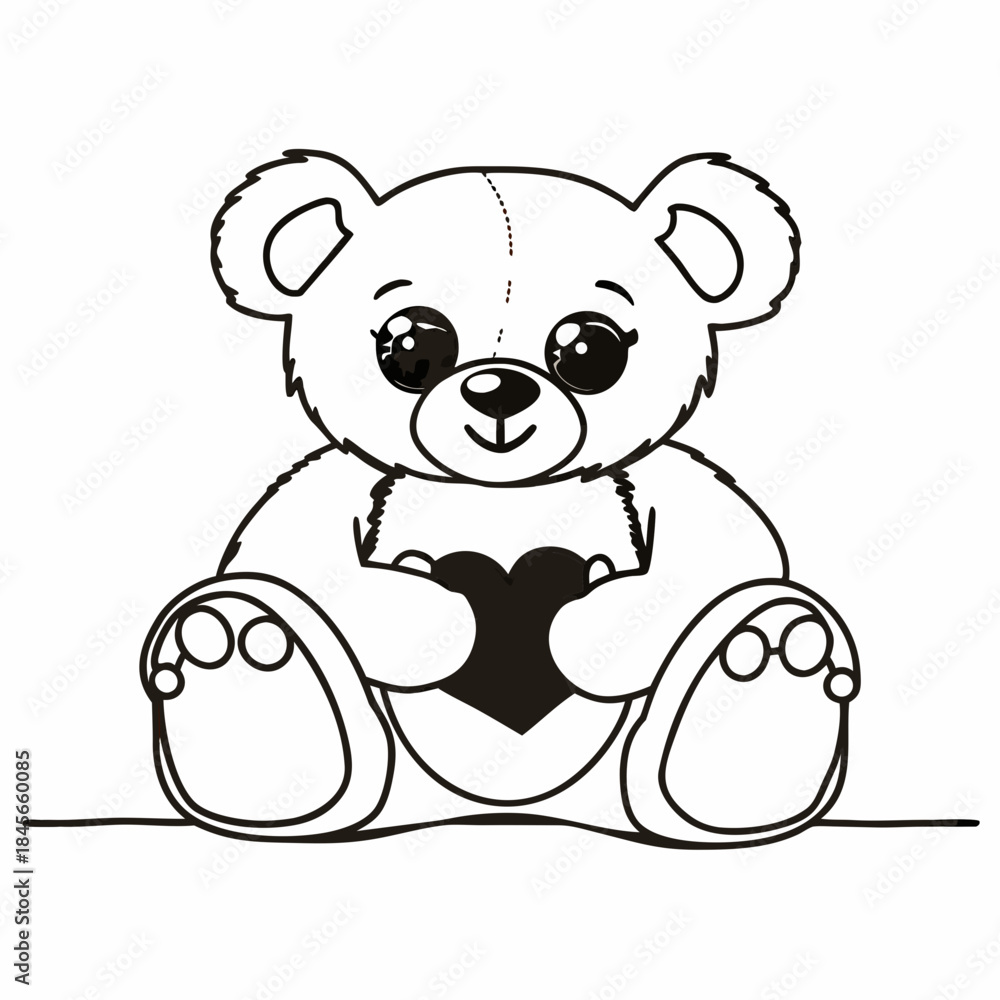 Fototapeta premium Cute teddy bear holding heart black and white cartoon 1