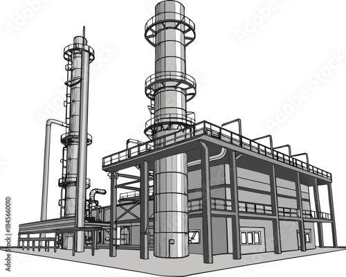 Chemical refinery facility with metallic structure and smokestacks