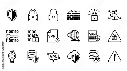 Cybersecurity icons set for secure online protection and data privacy solutions