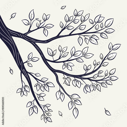 Tree branch with tiny budding leaves in line style