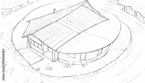Eco-futuristic hybrid sketch of a partially underground country-style house, top view