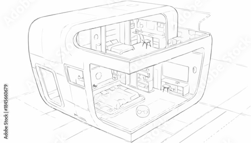 Futuristic architectural cross-section of a compact living capsule with open interiors

