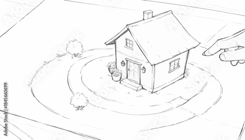 Eco-friendly rural sketch of a tiny dwelling covered with grass
