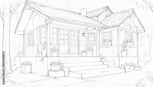 Cozy house sketch with detailed architectural design, steps and garden, copy space
