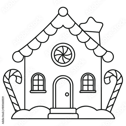 Christmas house outline coloring page festive line art illustration on white background